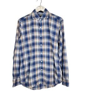 PETER MILLAR Collection Shirt Mens Medium Blue‎ Summer Chambray Plaid Button Top